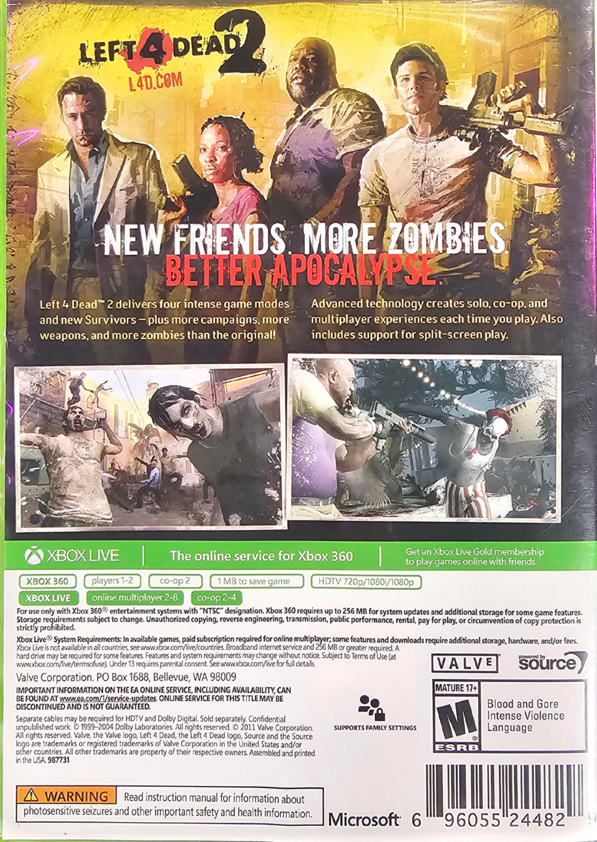 Left 4 Dead 2 Platinum Hits Xbox 360 for first person shooter and survival horror video game fans featuring cooperative multiplayer zombie apocalypse gameplay intense infected battles campaign missions special infected characters melee weapons online teamwork fast paced action collectible gaming appeal back cover art