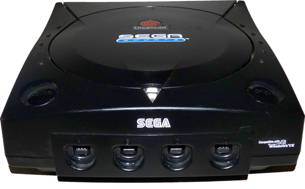 Front of the black Sega Sports Dreamcast console showing power button, controller ports, Sega logo, and sleek gaming design
