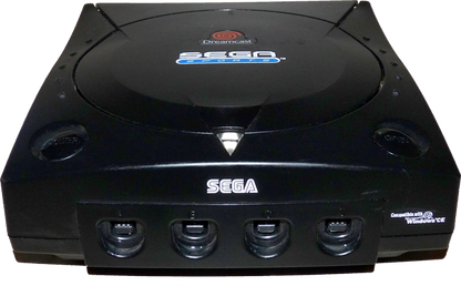 Front of the black Sega Sports Dreamcast console showing power button, controller ports, Sega logo, and sleek gaming design