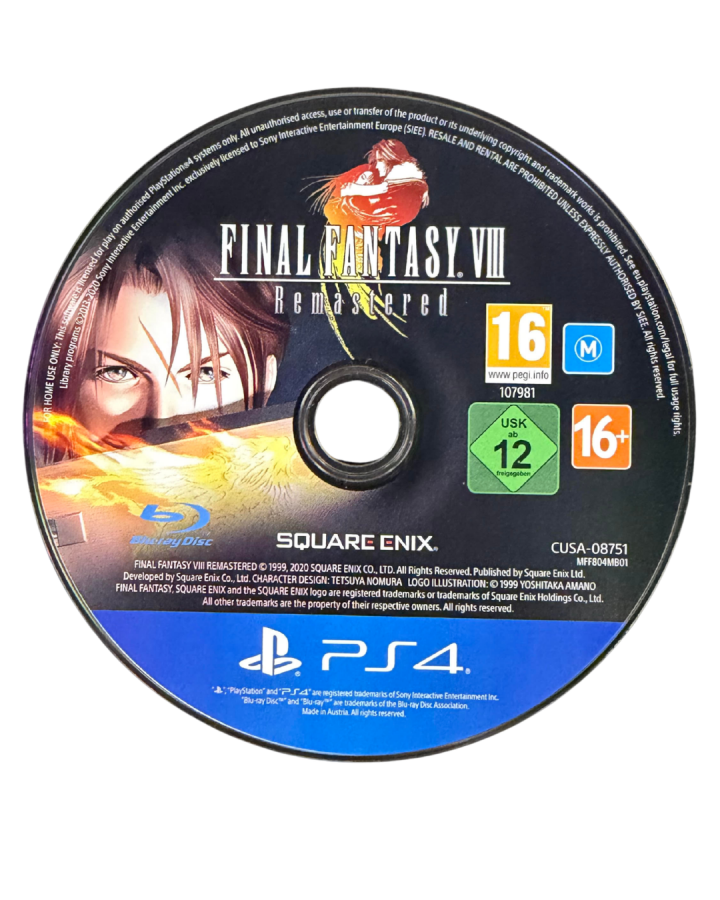 Final Fantasy VIII Remastered game for the PlayStation 4 featuring enhanced visuals turn based RPG gameplay character driven storylines and quality of life improvements following Squall and SeeD in a futuristic fantasy world disc