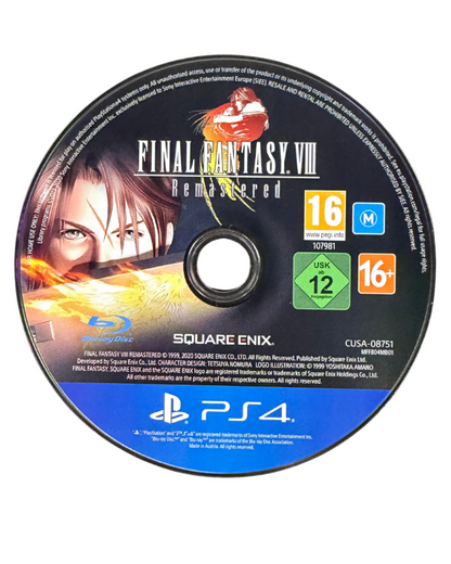 Final Fantasy VIII Remastered game for the PlayStation 4 featuring enhanced visuals turn based RPG gameplay character driven storylines and quality of life improvements following Squall and SeeD in a futuristic fantasy world disc