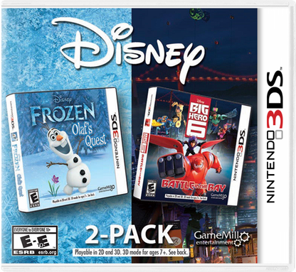 Frozen: Olaf's Quest & Big Hero 6 Disney 2 Pack cover art for Nintendo 3DS (3DS) platformer and action video game bundle