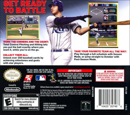 Major League Baseball 2K10 Nintendo DS for retro video game enthusiasts featuring baseball sports gameplay season mode batting pitching fielding mechanics team management features portable handheld controls and collectible gaming appeal back cover