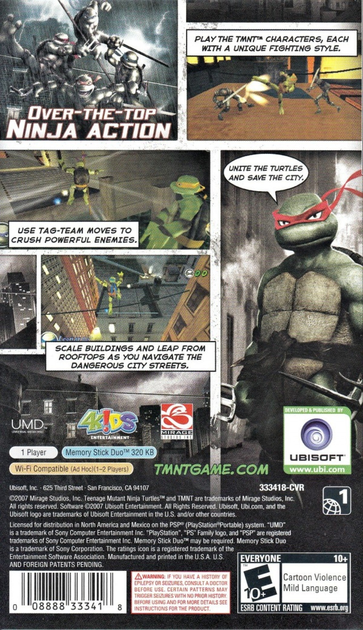 Teenage Mutant Ninja Turtles PlayStation Portable PSP video game, action brawler, beat ’em up gameplay, classic TMNT franchise title back cover