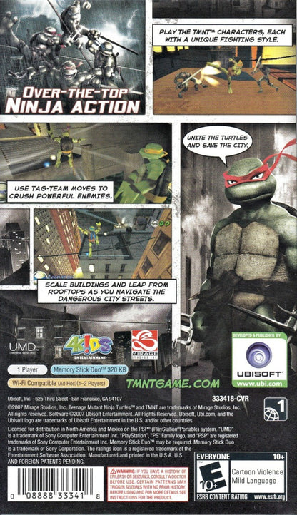 Teenage Mutant Ninja Turtles PlayStation Portable PSP video game, action brawler, beat ’em up gameplay, classic TMNT franchise title back cover