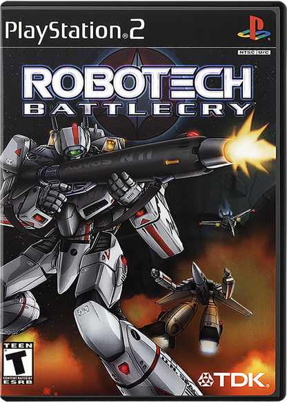 Robotech: Battlecry – PlayStation 2 (PS2) video game cover image, third-person mecha action game.