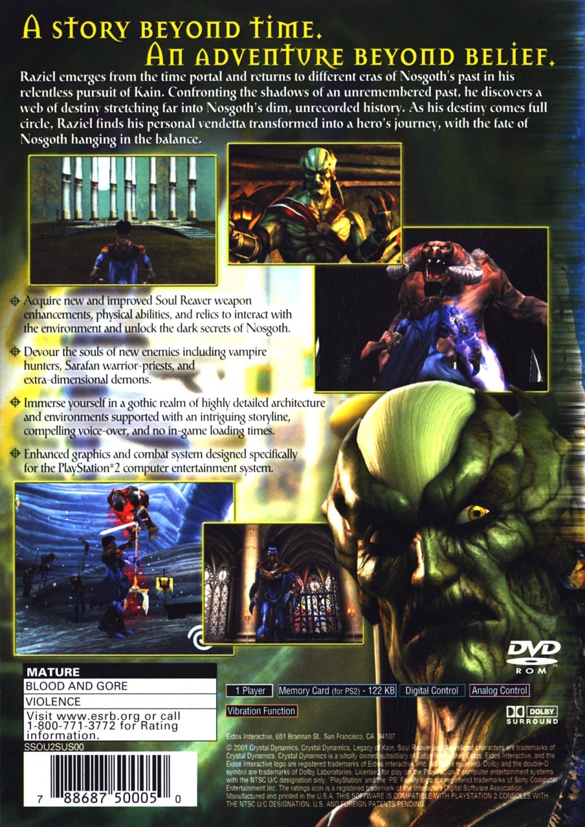 Legacy of Kain Soul Reaver 2 PS2 Sony PlayStation 2 action adventure gothic puzzle platformer Raziel vampire wraith combat time travel narrative dark fantasy story exploration dimension shifting gameplay Crystal Dynamics retro gaming PlayStation 2 software video game title back cover art