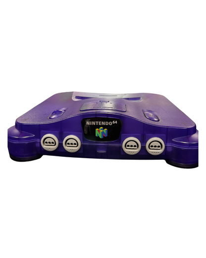 Front-facing view of a Funtastic grape purple Nintendo 64 console with translucent casing.