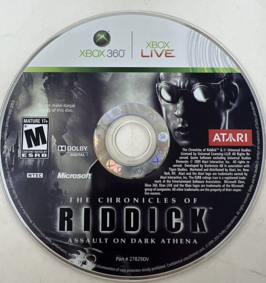 The Chronicles of Riddick: Assault on Dark Athena disc for Xbox 360 (X360) sci-fi first-person shooter action video game
