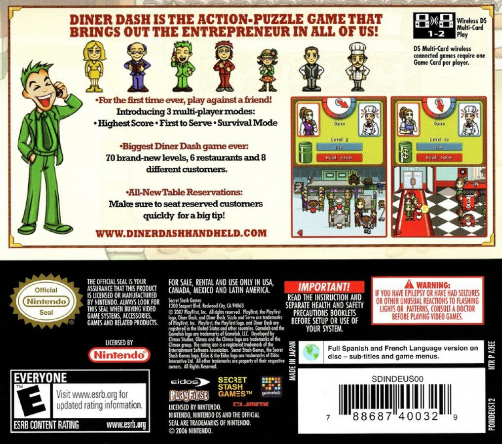 Diner Dash for Nintendo DS time management simulation video game featuring fast paced restaurant gameplay customer service challenges stylus controls and casual handheld gaming experience back cover