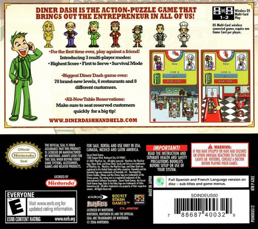 Diner Dash for Nintendo DS time management simulation video game featuring fast paced restaurant gameplay customer service challenges stylus controls and casual handheld gaming experience back cover