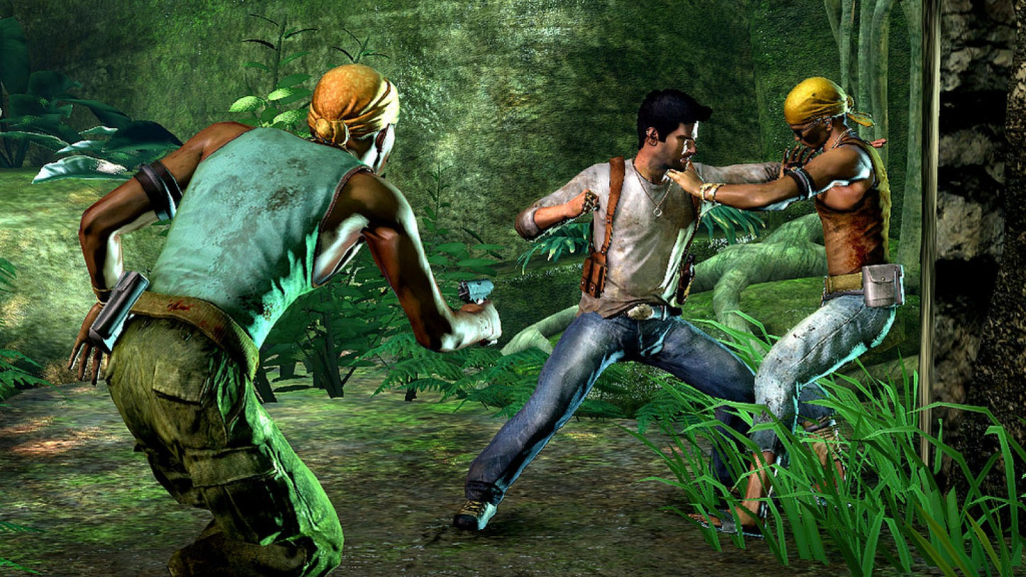 Uncharted Dual Pack PlayStation 3 PS3 for retro video game enthusiasts featuring action adventure gameplay cinematic treasure hunting thrilling platforming exploration third person combat puzzle solving epic storytelling including two classic Uncharted adventures and collectible gaming appeal gameplay  