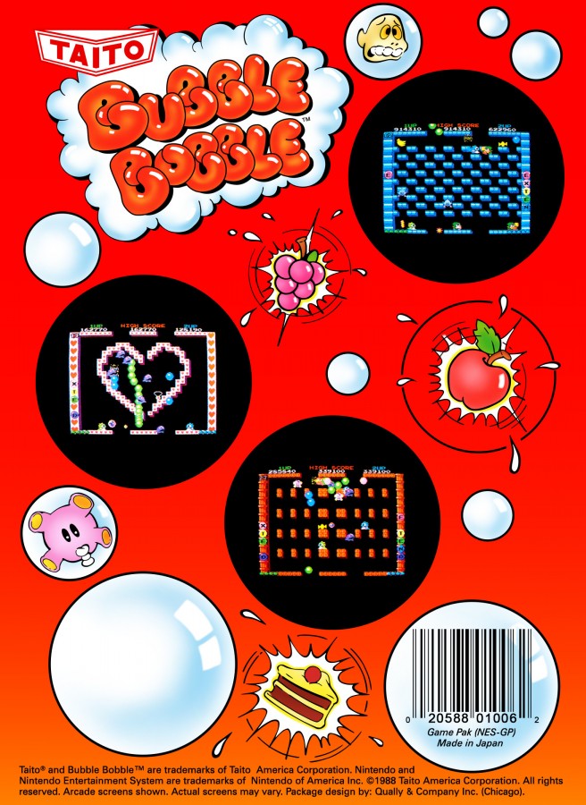 Bubble Bobble Nintendo Entertainment System NES for retro video game enthusiasts featuring classic arcade platforming gameplay bubble trapping mechanics cooperative multiplayer action colorful fantasy stages charming dinosaur characters enemy filled levels and collectible gaming appeal back art
