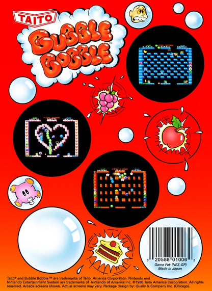 Bubble Bobble Nintendo Entertainment System NES for retro video game enthusiasts featuring classic arcade platforming gameplay bubble trapping mechanics cooperative multiplayer action colorful fantasy stages charming dinosaur characters enemy filled levels and collectible gaming appeal back art