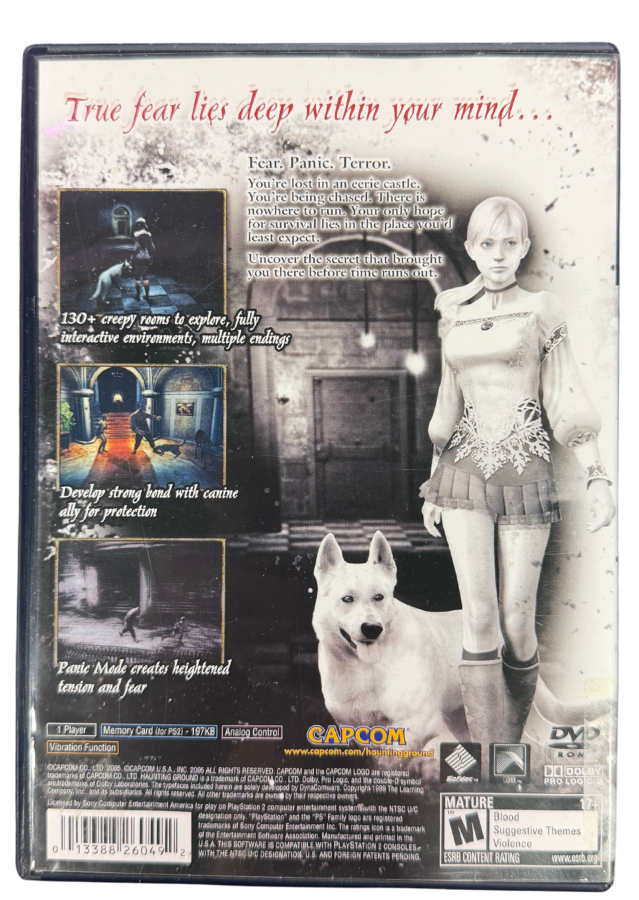 Haunting Ground PlayStation 2 PS2 for survival horror video game fans featuring psychological horror exploration stealth gameplay puzzle solving mansion environments tense enemy encounters companion dog mechanics resource management atmospheric storytelling and immersive suspenseful gameplay collectible gaming appeal back cover art