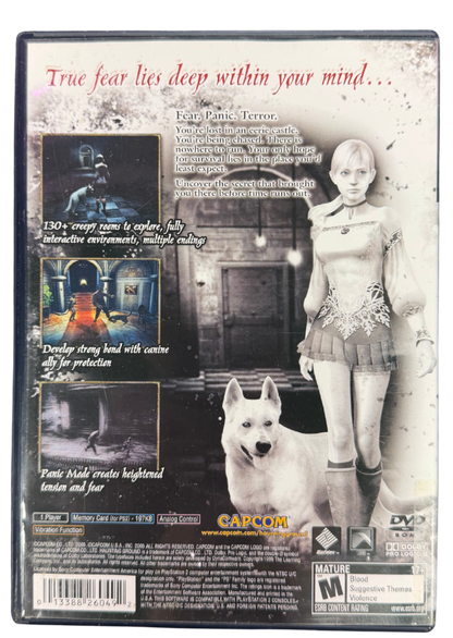 Haunting Ground PlayStation 2 PS2 for survival horror video game fans featuring psychological horror exploration stealth gameplay puzzle solving mansion environments tense enemy encounters companion dog mechanics resource management atmospheric storytelling and immersive suspenseful gameplay collectible gaming appeal back cover art