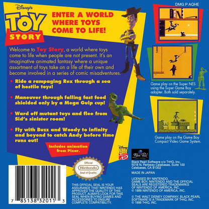 Toy Story for Game Boy (GB) at Gamers INC, featuring classic side-scrolling platform action inspired by the beloved Pixar film, where you play as Woody through varied levels packed with enemies, puzzles, and challenging jumps, delivering a nostalgic handheld adventure that brings the movie’s charm to retro gaming on the go back cover
