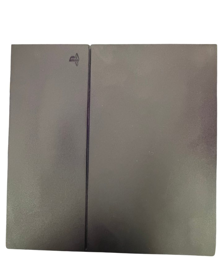 Top down view of a matte black Sony PS4 console showing the top surface, logo, and overall rectangular shape.