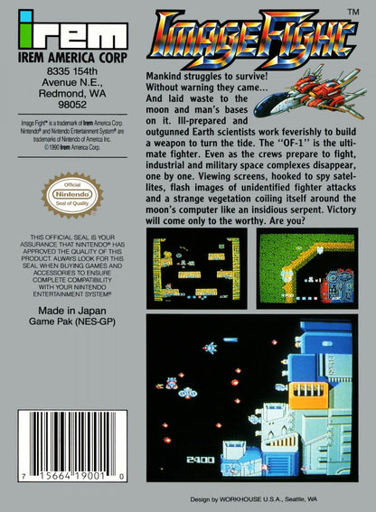 Image Fight Nintendo Entertainment System NES for retro video game enthusiasts featuring classic vertical scrolling shoot em up gameplay futuristic space combat strategic weapon upgrades challenging enemy formations intense arcade action and collectible gaming appeal backart 
