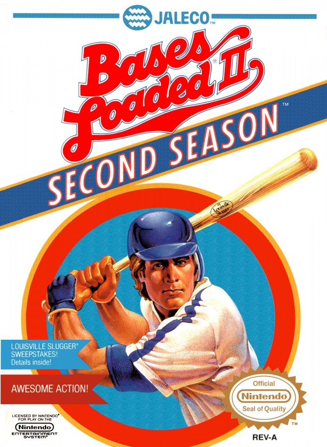 Bases Loaded II Nintendo Entertainment System NES for retro video game enthusiasts featuring classic baseball simulation gameplay arcade style sports action pitching and batting mechanics team management modes competitive match play and collectible gaming appeal cover art  