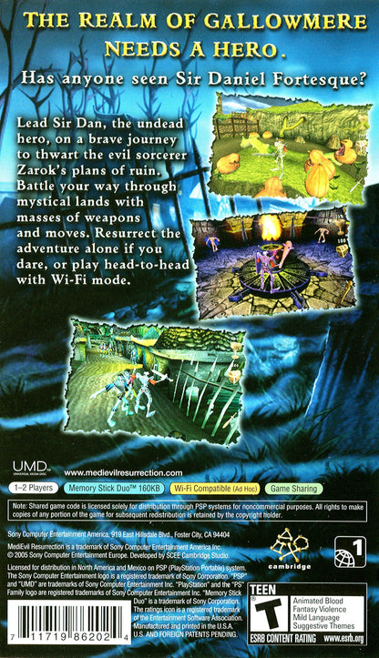 MediEvil Resurrection PlayStation Portable PSP inspired design featuring gothic action adventure aesthetic skeletal knight hero Sir Daniel Fortesque undead kingdom exploration hack and slash combat darkly humorous storytelling and spooky medieval fantasy presentation back cover