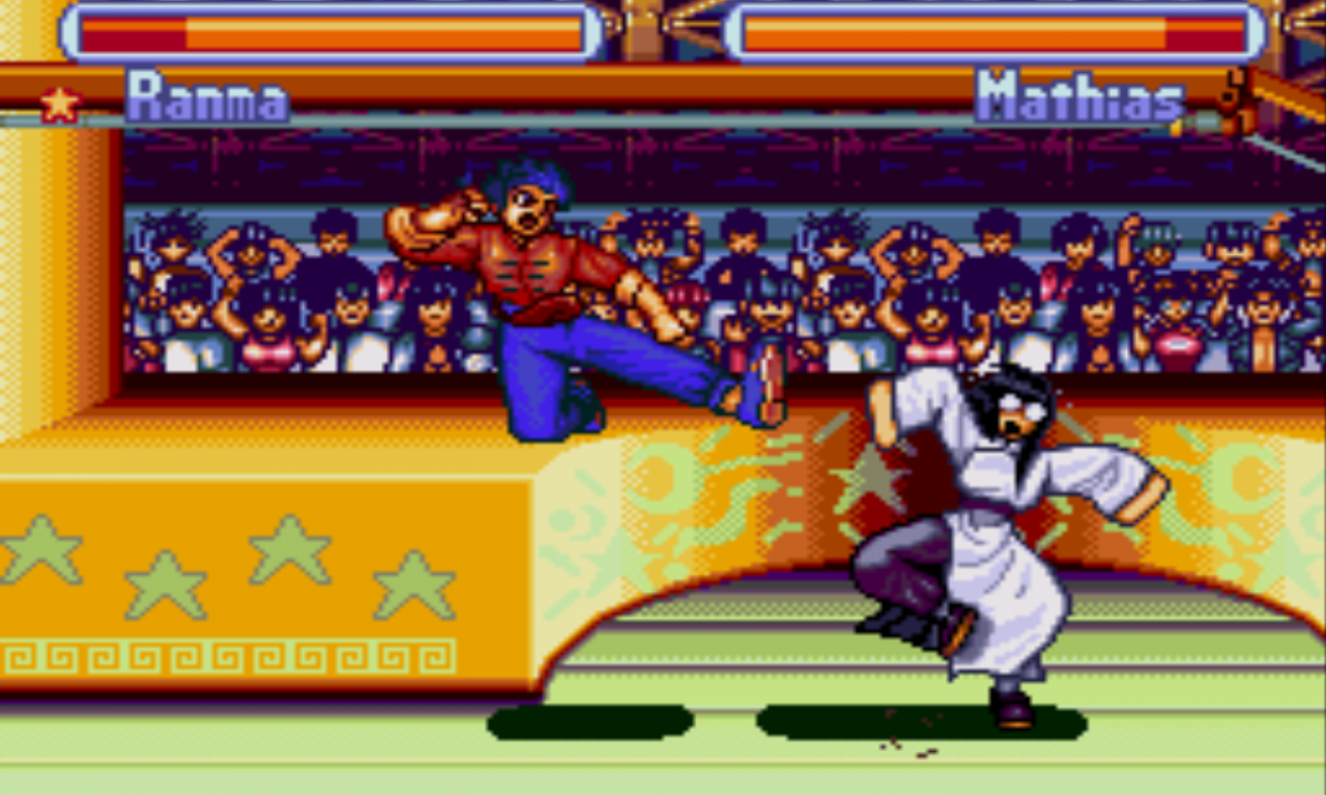 Ranma 1 2 Hard Battle Super Nintendo SNES fighting game anime brawler versus combat one on one battles Rumiko Takahashi characters multiplayer fighting retro 16 bit gaming Super Nintendo Entertainment System software video game title gameplay