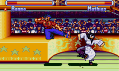 Ranma 1 2 Hard Battle Super Nintendo SNES fighting game anime brawler versus combat one on one battles Rumiko Takahashi characters multiplayer fighting retro 16 bit gaming Super Nintendo Entertainment System software video game title gameplay