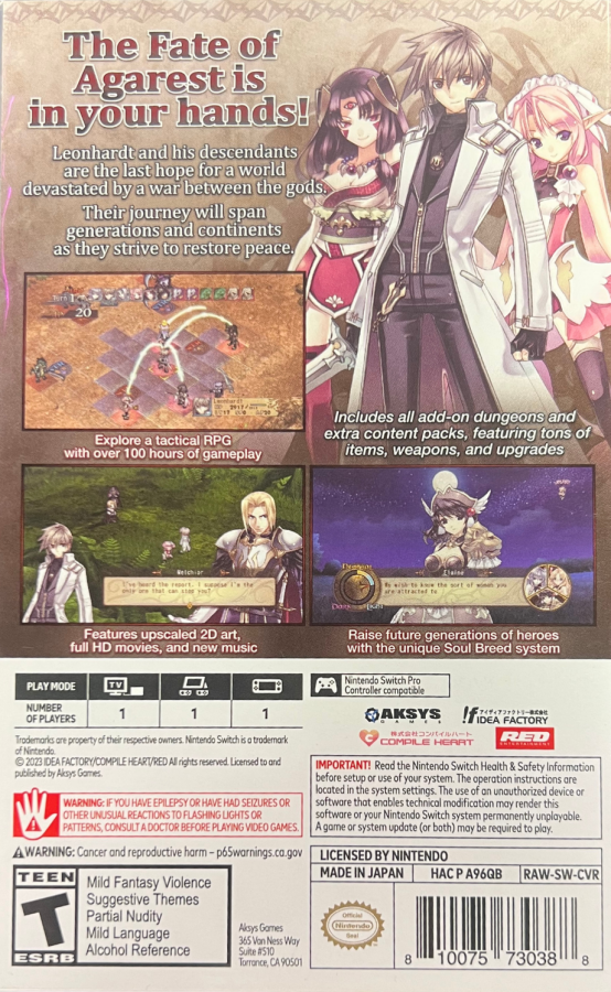 Record of Agarest War 15th Anniversary Limited Edition Nintendo Switch NS for tactical role playing video game fans featuring turn based strategy combat character customization generational storytelling party building fantasy exploration anime inspired characters relationship mechanics challenging battles and 15th Anniversary Limited Edition collectible content gaming appeal back cover art