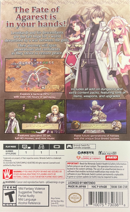 Record of Agarest War 15th Anniversary Limited Edition Nintendo Switch NS for tactical role playing video game fans featuring turn based strategy combat character customization generational storytelling party building fantasy exploration anime inspired characters relationship mechanics challenging battles and 15th Anniversary Limited Edition collectible content gaming appeal back cover art
