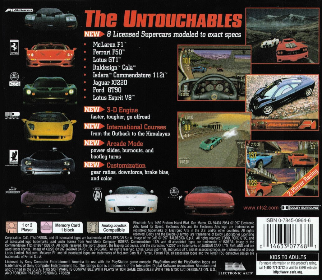 Need for Speed II Greatest Hits PlayStation 1 PS1 video game, arcade racing, exotic sports cars, classic racing gameplay, retro console title back cover