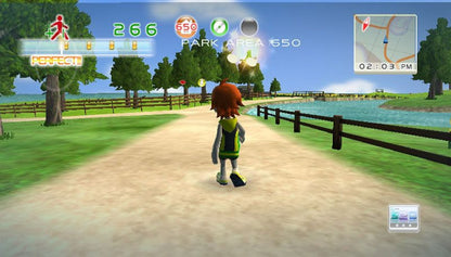 Walk It Out gameplay for Nintendo Wii (Wii) featuring rhythm‑based walking gameplay across a vibrant virtual city, unlocking new areas, music tracks, and interactive environments as you step in time.