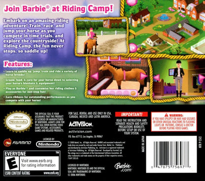 Barbie Horse Adventures Riding Camp for Nintendo DS (DS), back of box for a retro video game featuring horse riding simulation gameplay, stable management, training challenges, exploration, and family-friendly equestrian adventures