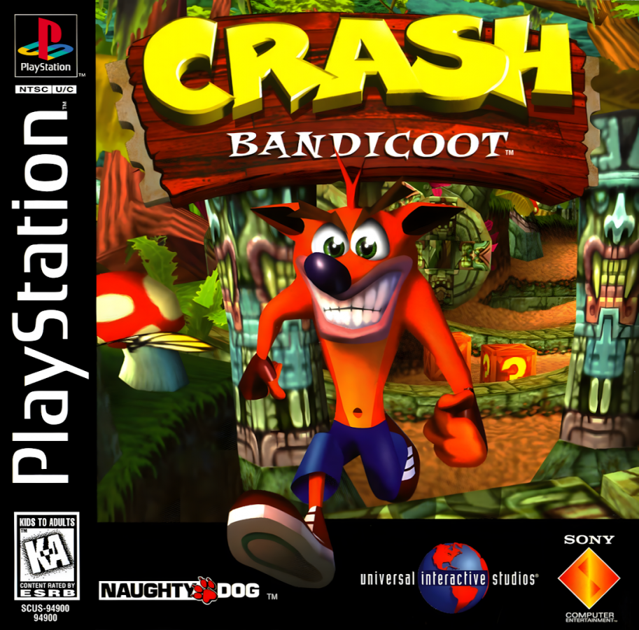 Crash Bandicoot PlayStation 1 PS1 video game, action platformer, classic mascot platforming gameplay, iconic Sony console title front cover