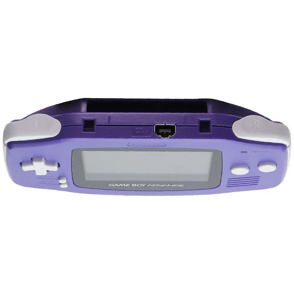 Top-down view of an indigo Game Boy Advance console showing the open cartridge slot at the top edge of the casing.