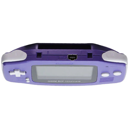 Top-down view of an indigo Game Boy Advance console showing the open cartridge slot at the top edge of the casing.
