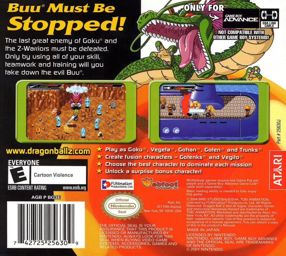 Dragon Ball Z Buu’s Fury Game Boy Advance back of case for retro video game featuring action RPG gameplay, fast paced martial arts combat, iconic Dragon Ball Z characters, story based progression through the Buu saga, special attacks and transformations, and portable handheld fighting adventure on GBA system