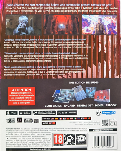 Karma: The Dark World [Limited Edition][Import] for PlayStation 5 (PS5) at Gamers INC, featuring a psychological first-person horror experience in a dystopian 1984 where you dive into the memories of suspects to uncover dark secrets and navigate a surreal, mind-bending reality within the Bureau of Thought back cover