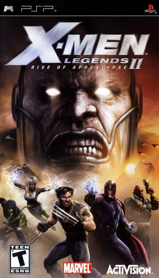 X-Men Legends II: Rise of Apocalypse for PlayStation Portable (PSP) at Gamers INC, featuring the epic action-RPG that unites the X-Men and the Brotherhood of Mutants against the ultimate threat of Apocalypse, allowing you to build a powerful four-player dream team from over 16 playable characters with customizable superpowers, deep RPG progression, and handheld-exclusive content for mutant mayhem on the go front cover