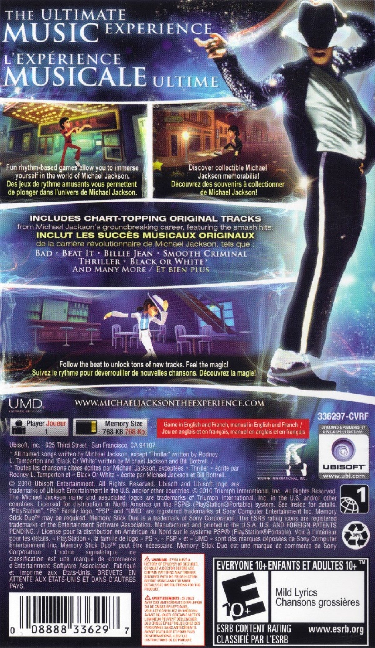 Michael Jackson The Experience PlayStation Portable PSP for retro video game enthusiasts featuring rhythm and dance gameplay iconic music performances motion inspired choreography hit songs score based challenges portable handheld entertainment and collectible gaming appeal back cover