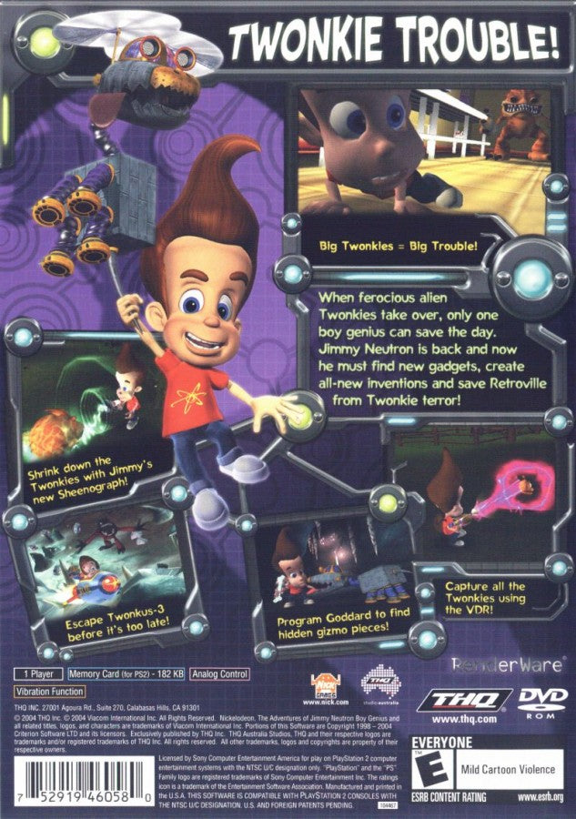 The Adventures of Jimmy Neutron Boy Genius Attack of the Twonkies PlayStation 2 action-adventure platformer video game based on the animated movie snow planet Twonkies creatures Jimmy Sheen Cindy Carl battling collecting THQ Nickelodeon license back cover
