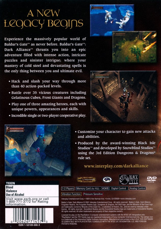 Baldur’s Gate: Dark Alliance for PlayStation 2 with action-RPG dungeon-crawling fantasy theme back cover art