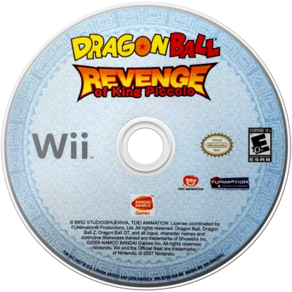 Dragon Ball Revenge of King Piccolo Nintendo Wii cover art for retro video game enthusiasts featuring action platforming gameplay anime inspired combat classic Dragon Ball storyline side scrolling adventure boss battles martial arts action and collectible gaming appeal disc