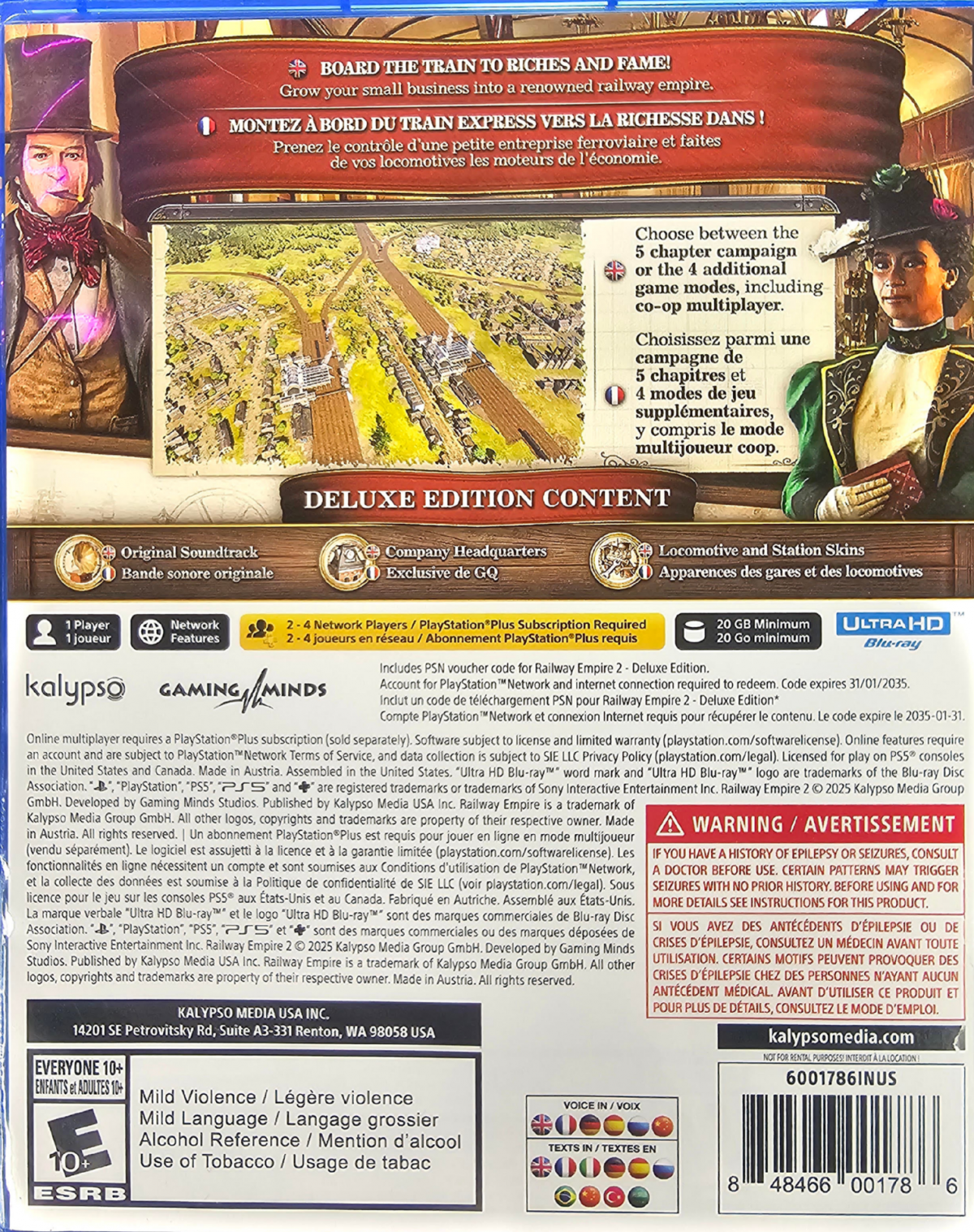 Railway Empire 2 Deluxe Edition PlayStation 5 PS5 for railway strategy simulation video game fans featuring railroad construction train management economic strategy expansive maps historical locomotives route planning city development campaign scenarios and Deluxe Edition content collectible gaming appeal back cover art