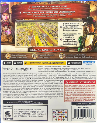 Railway Empire 2 Deluxe Edition PlayStation 5 PS5 for railway strategy simulation video game fans featuring railroad construction train management economic strategy expansive maps historical locomotives route planning city development campaign scenarios and Deluxe Edition content collectible gaming appeal back cover art