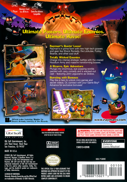 Rayman 3: Hoodlum Havoc retro GameCube video game Rayman 3 Hoodlum Havoc platform adventure cartoon style action colorful worlds classic 3D platformer console release  back cover 