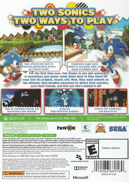Sonic Generations Platinum Hits for Xbox 360 action platformer video game featuring classic and modern Sonic gameplay iconic stages fast paced speed mechanics and celebrated Sega franchise experience back cover