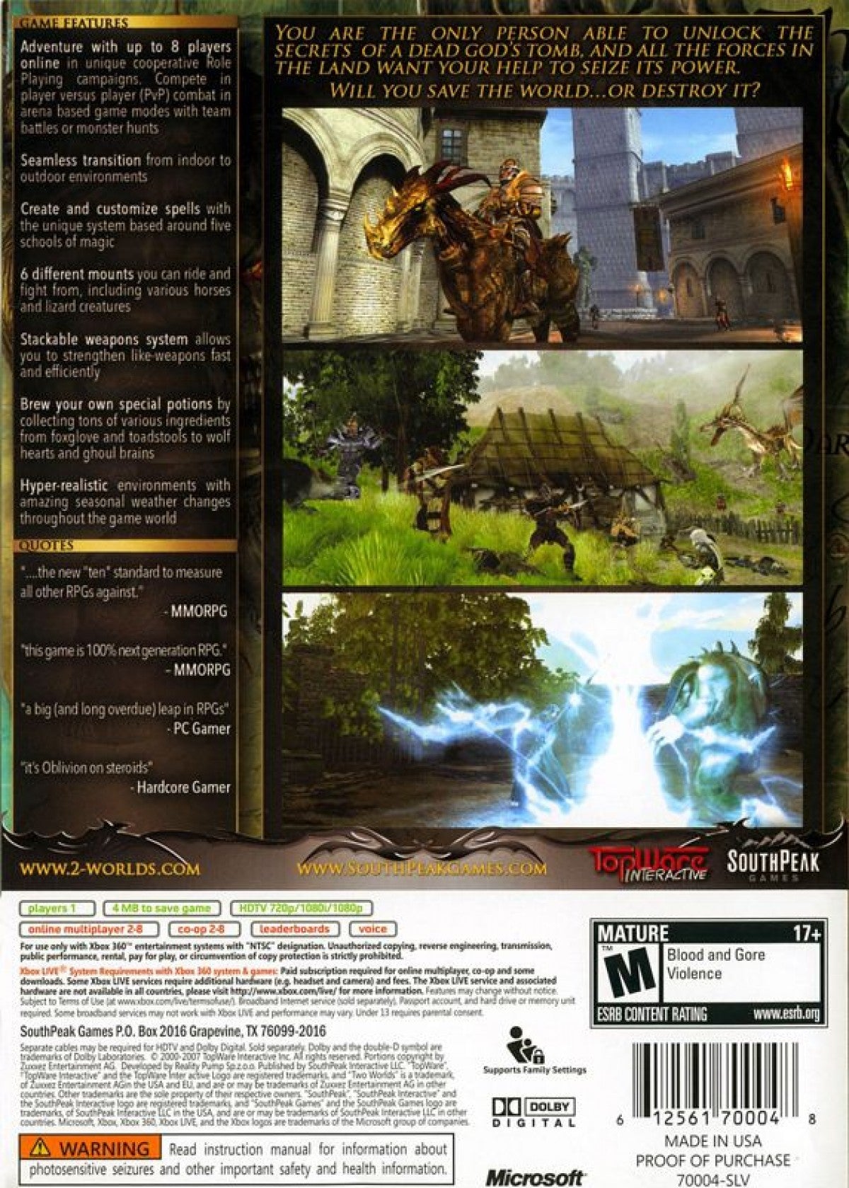 Two Worlds for Xbox 360 open world role playing game featuring a vast fantasy realm nonlinear quests real time combat character progression and immersive RPG adventure experience back cover art