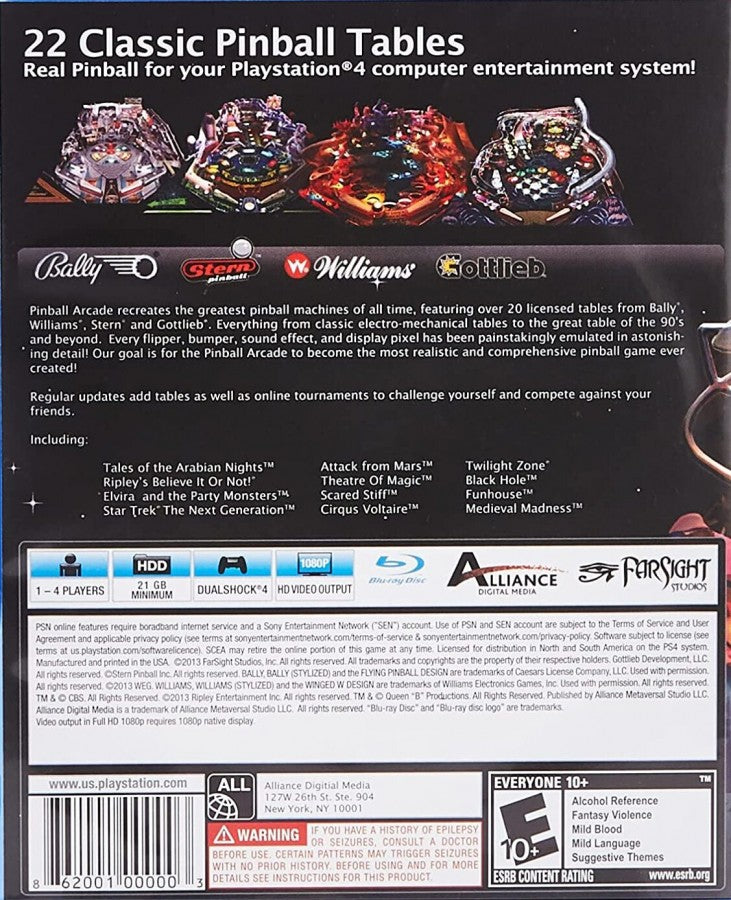 The Pinball Arcade – PlayStation 4 (PS4) video game back of case, pinball simulation game