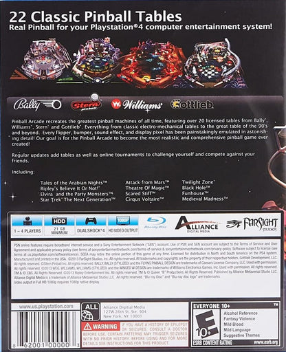 The Pinball Arcade – PlayStation 4 (PS4) video game back of case, pinball simulation game