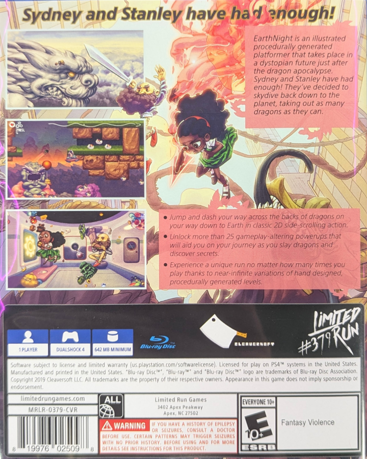 EarthNight Limited Run 379 PS4 game featuring hand-drawn endless runner gameplay, vibrant art style, and an exclusive Limited Run Games collectible release back cover